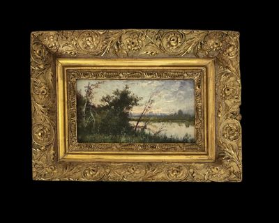 un tableau représentant un paysage avec des arbres et une rivière
