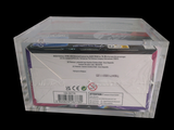 a clear box with a pink and blue pen inside of it