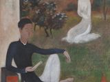 painting of two women sitting on the grass in front of a window