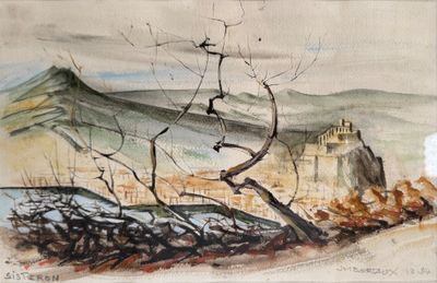dessin représentant un tableau d'un arbre avec un château en arrière-plan