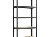 a black metal shelving with four shelves on each side