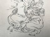 un dessin représentant une femme assise par terre, un oiseau dans la main