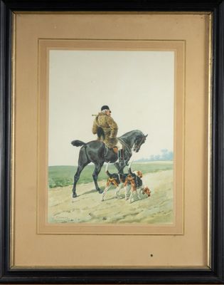 tableau représentant un homme à cheval avec deux chiens au bord de la route