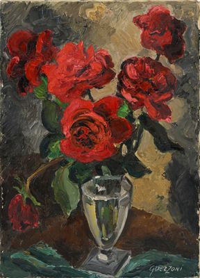 un tableau représentant des roses rouges dans un vase posé sur une table