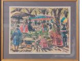 an image of a painting of people at a market with umbrellas