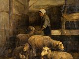 une image représentant un tableau montrant des moutons dans une grange, avec une femme en train de les nourrir