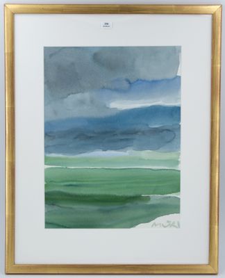 une image représentant une aquarelle aux tons verts et bleus sur fond blanc