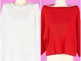 deux photos d'un haut blanc et rouge sur un mannequin