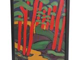 a painting of trees in a forest with red and green leaves