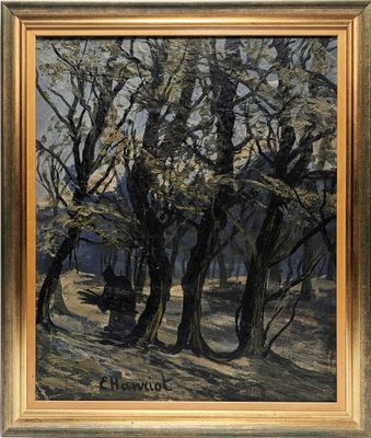 une peinture à l'huile représentant des arbres dans une zone boisée sur fond de ciel