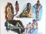 painting of a group of naked women sitting on a beach