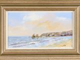 an oil painting of a beach scene with a boat in the water