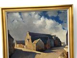 painting of a village scene with a house and a horse in the foreground