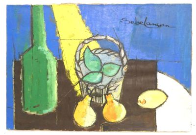 un dessin d'une peinture de fruits et d'une bouteille