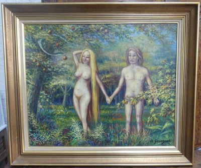 un tableau représentant deux femmes se tenant la main dans les bois