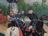 a painting of two men riding horses on a dirt road