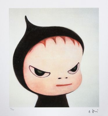 painting of a small child with a black cat ' s head and red eyes