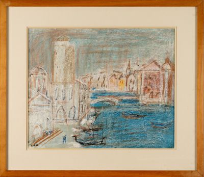 an image of a painting of a city by a body of water