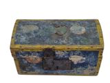 a blue and yellow chest with a lock on it