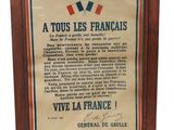 a framed poster of a french flag and a medal on display