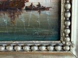 painting of a ship in a body of water with people on it