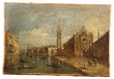 tableau représentant une vue d'un canal avec une église en arrière-plan