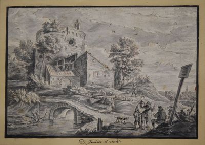 un vieux dessin représentant un château, avec des personnages et des animaux au premier plan