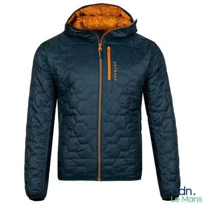 a picture of a blue jacket with a hood and orange lining