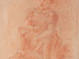 un vieux dessin représentant une jeune fille assise sur une chaise