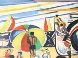 a painting of people on the beach with umbrellas
