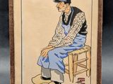 an old picture of a man sitting on top of a wooden chair