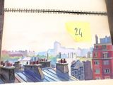 une photo d'un tableau représentant une ville avec une horloge