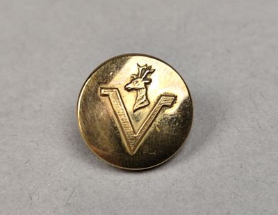 a close up of a gold button with a horse on it