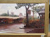 a painting of a street scene with a tree in the foreground