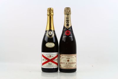 two bottles of wine sitting next to each other on a table