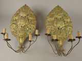pair of antique brass wall sconces with leaves and candles