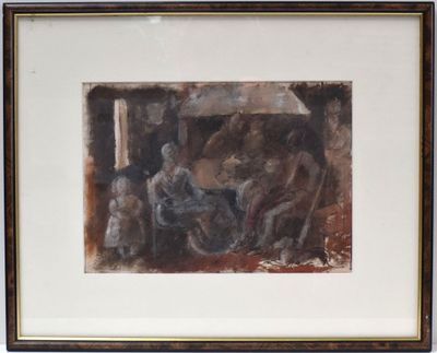 painting of a group of people sitting around a table under an umbrella