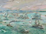un tableau représentant une vaste étendue d'eau sur laquelle naviguent de nombreux bateaux
