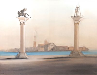 a painting of a couple of statues in front of a body of water