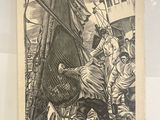 un dessin représentant un homme sur un bateau avec un filet de pêche