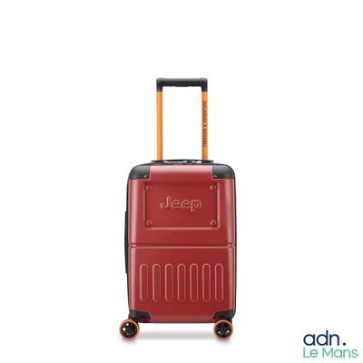 a red suitcase with wheels on a white background