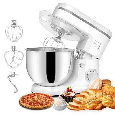 an image of a white mixer with a bowl and a bowl of doughnuts next to it