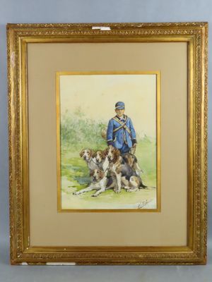 tableau représentant un homme et deux chiens dans un champ, dans un cadre doré