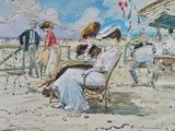 un tableau représentant un groupe de personnes assises sur une plage