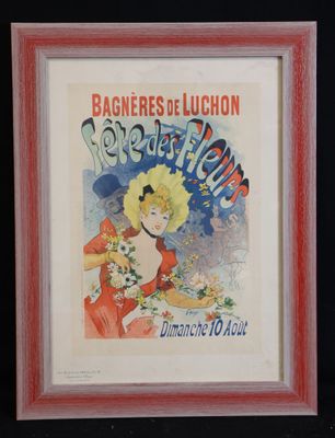 an old poster of a woman in a red dress holding flowers