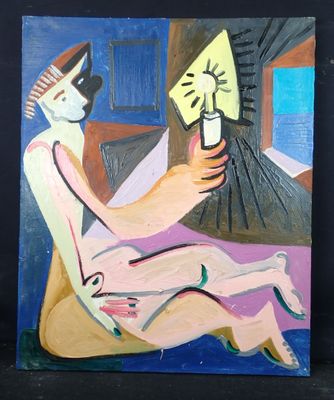 un tableau représentant une femme assise sur un lit, un montre à la main