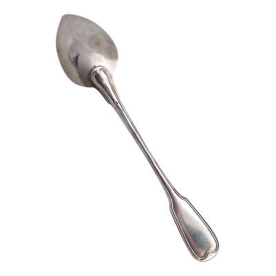 a silver spoon with a spoon handle on a white background