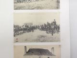 two old black and white photos of horses and people in front of a house