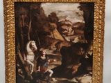 une image représentant un tableau où l'on voit un garçon et un chien dans un décor boisé