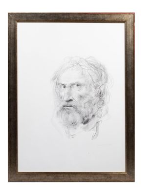 un dessin en noir et blanc représentant le visage d'un homme, dans un cadre en bois
